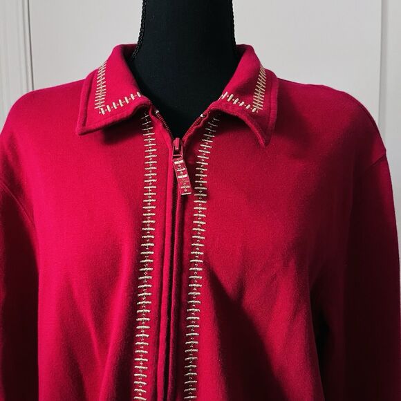 Bechamel Wm's Jacket L Red Full Zip Long Sleeve Gold‎ Embroidered Top Holiday - Picture 2 of 9